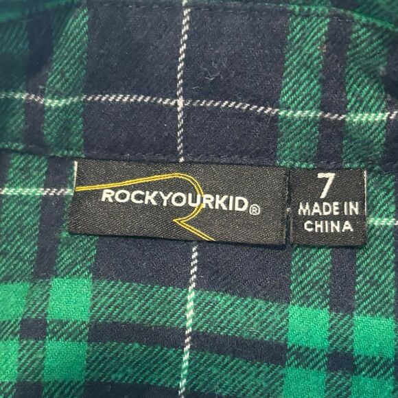 Rock Your Kid Boys Green Navy Plaid Flannel Shirt Sz 7 “Come As You Are”  Snaps - Picture 4 of 5